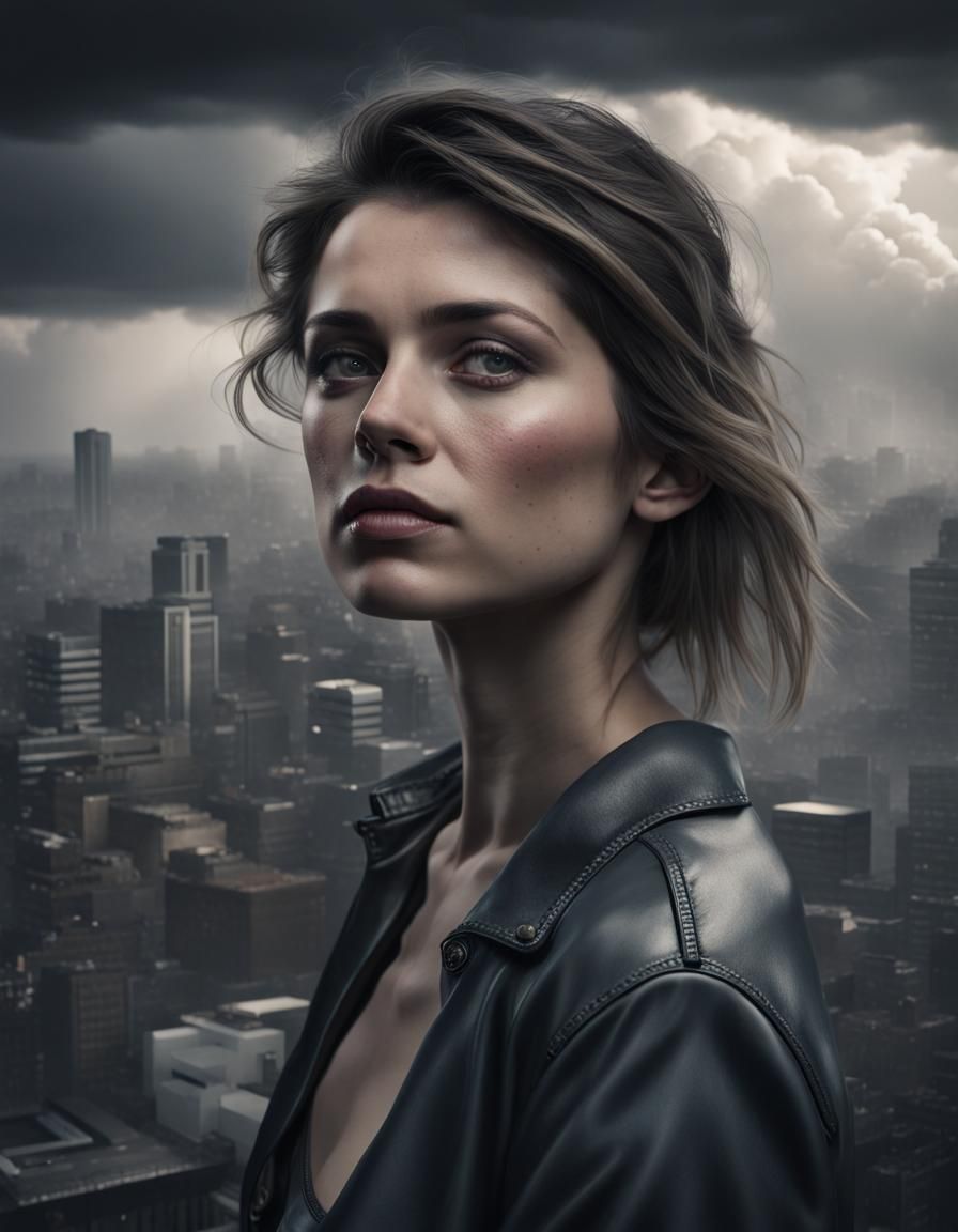 Realistic Woman Portrait Against Dismal Cityscape