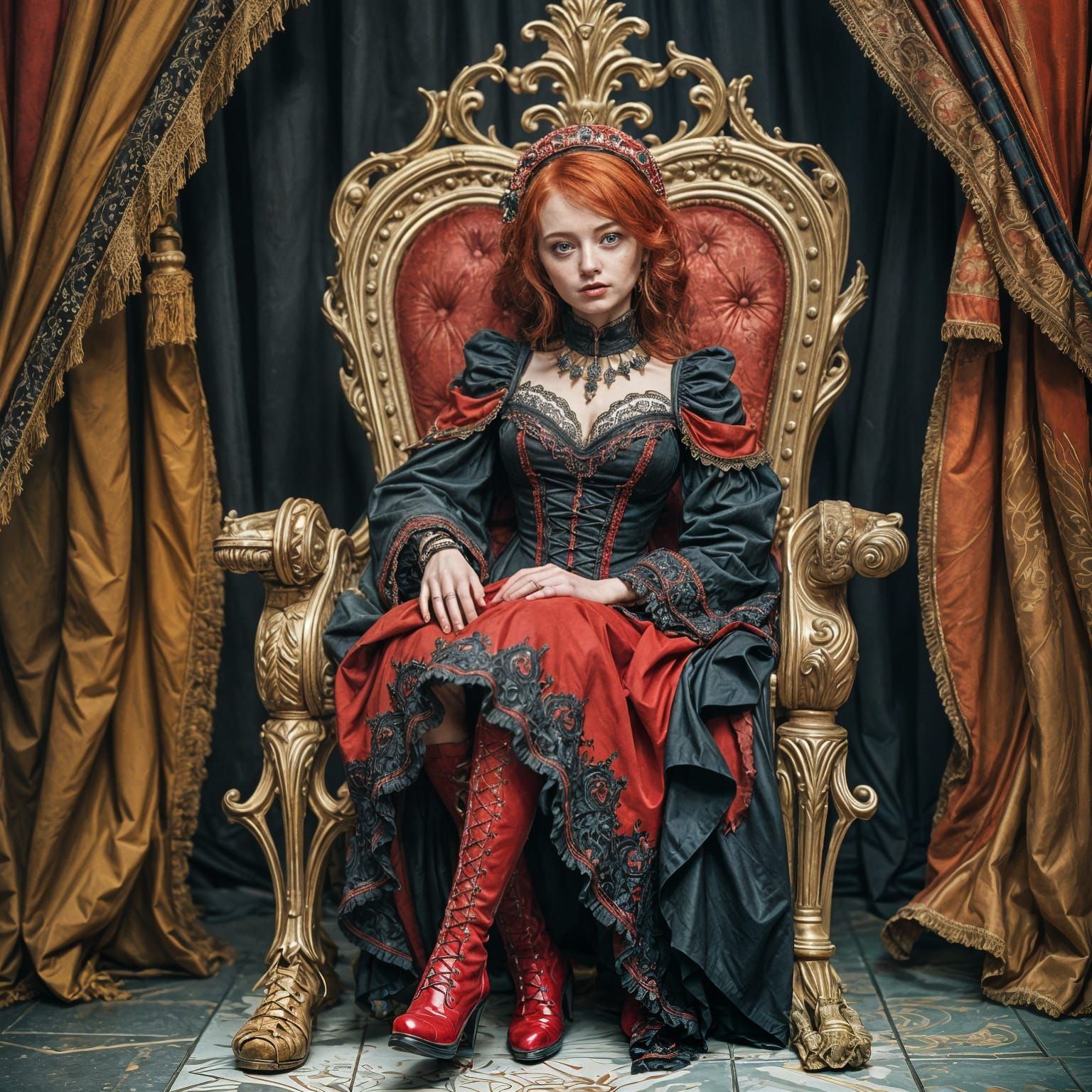 Redhead Queen on Skeleton Throne in Gouache Style