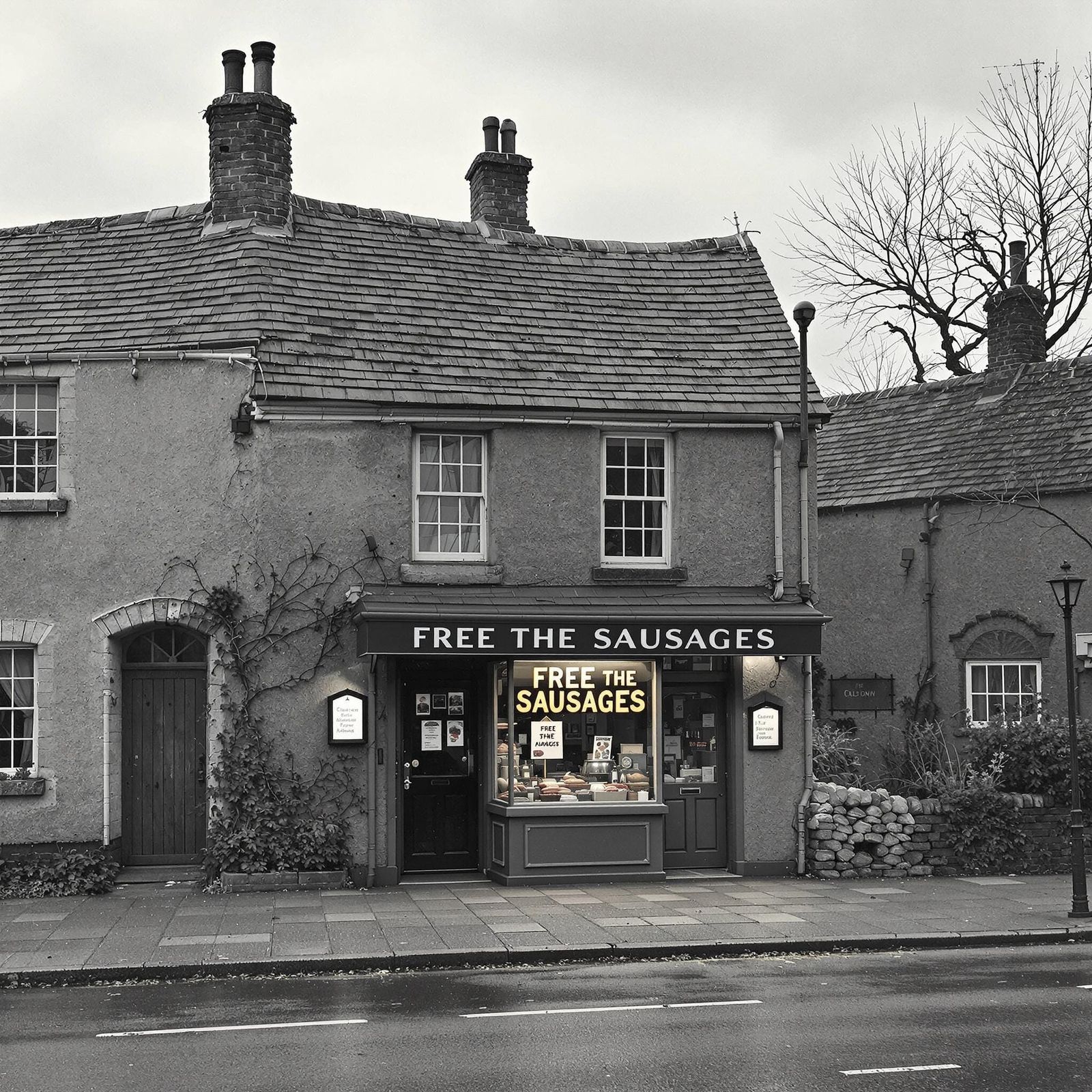 Surreal Village Scene in a Bleak Grey Aesthetic