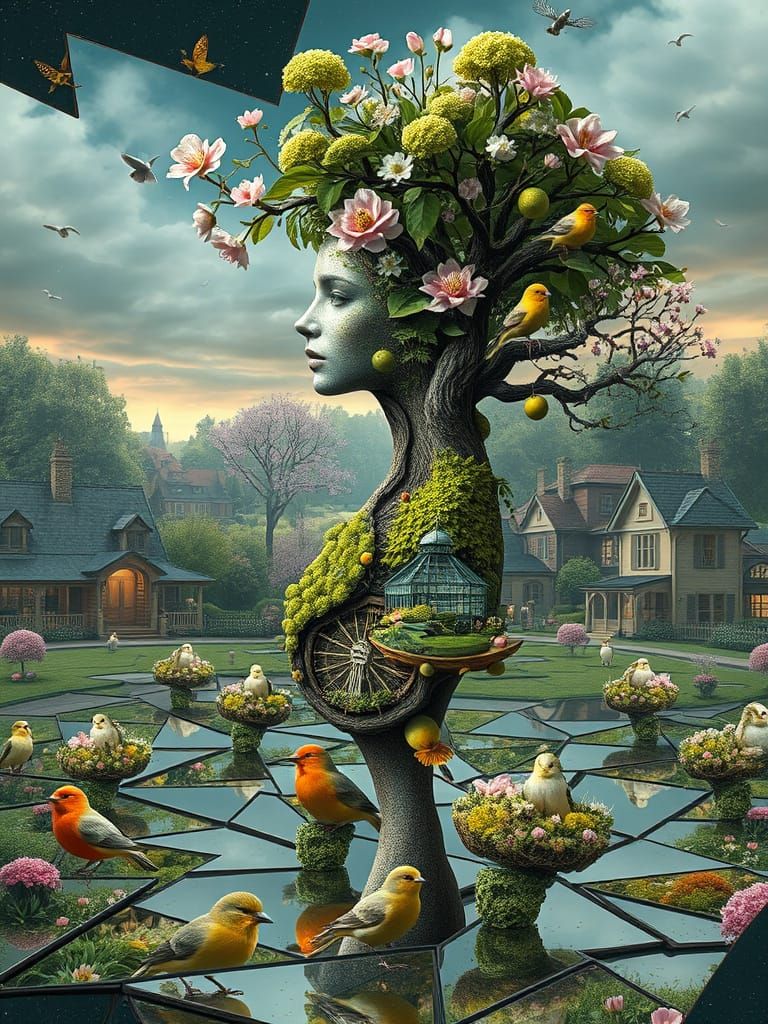 Surreal Goddess Blooms in Dreamlike Springtime Village