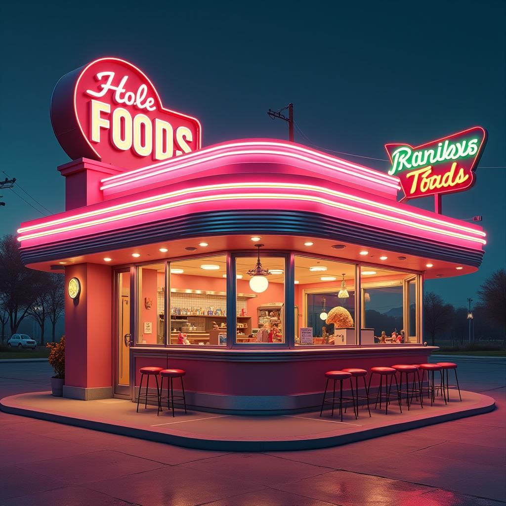 Retro Diner Donut Shop with Neon Signs in Retro Style