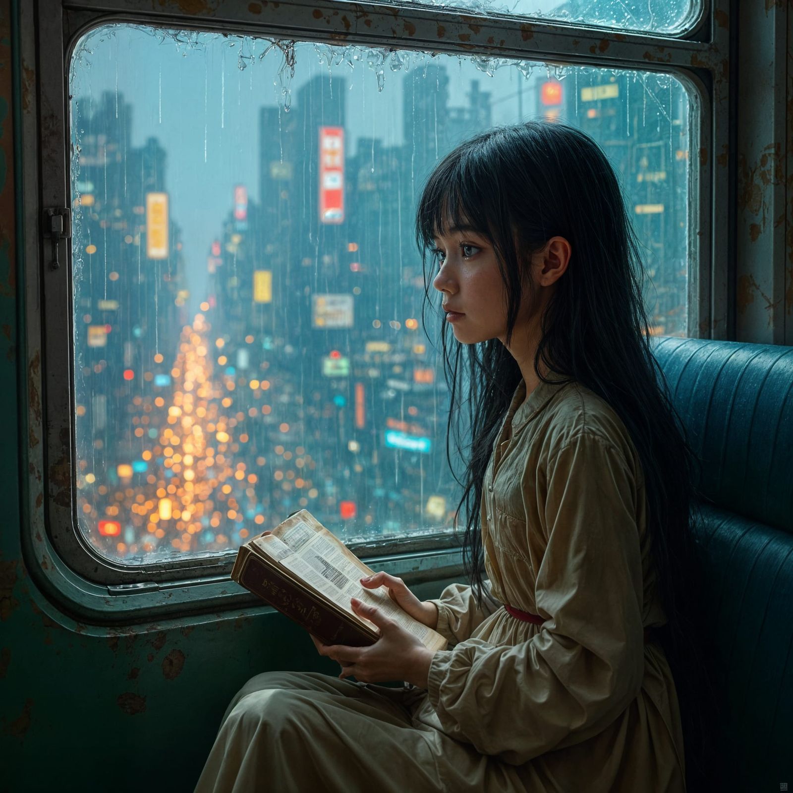 A nervous girl on a train in a futuristic city