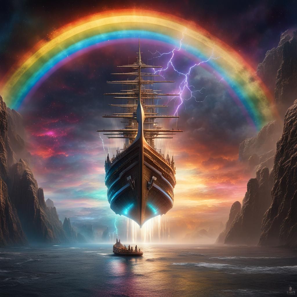 Rainbow Ship in Galaxy Space: Detailed Matte Painting