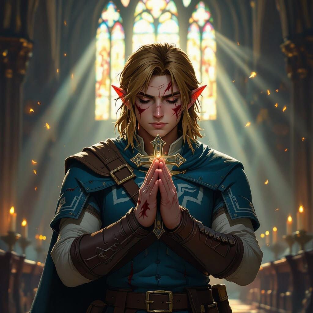 Link Praying in Gothic Cathedral with Sunlit Stained Glass
