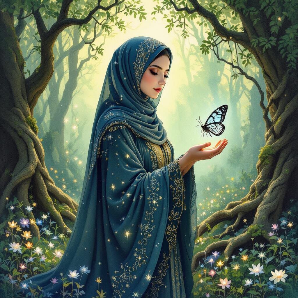 Regal Hijabi Woman in Magical Forest with Luminous Moth