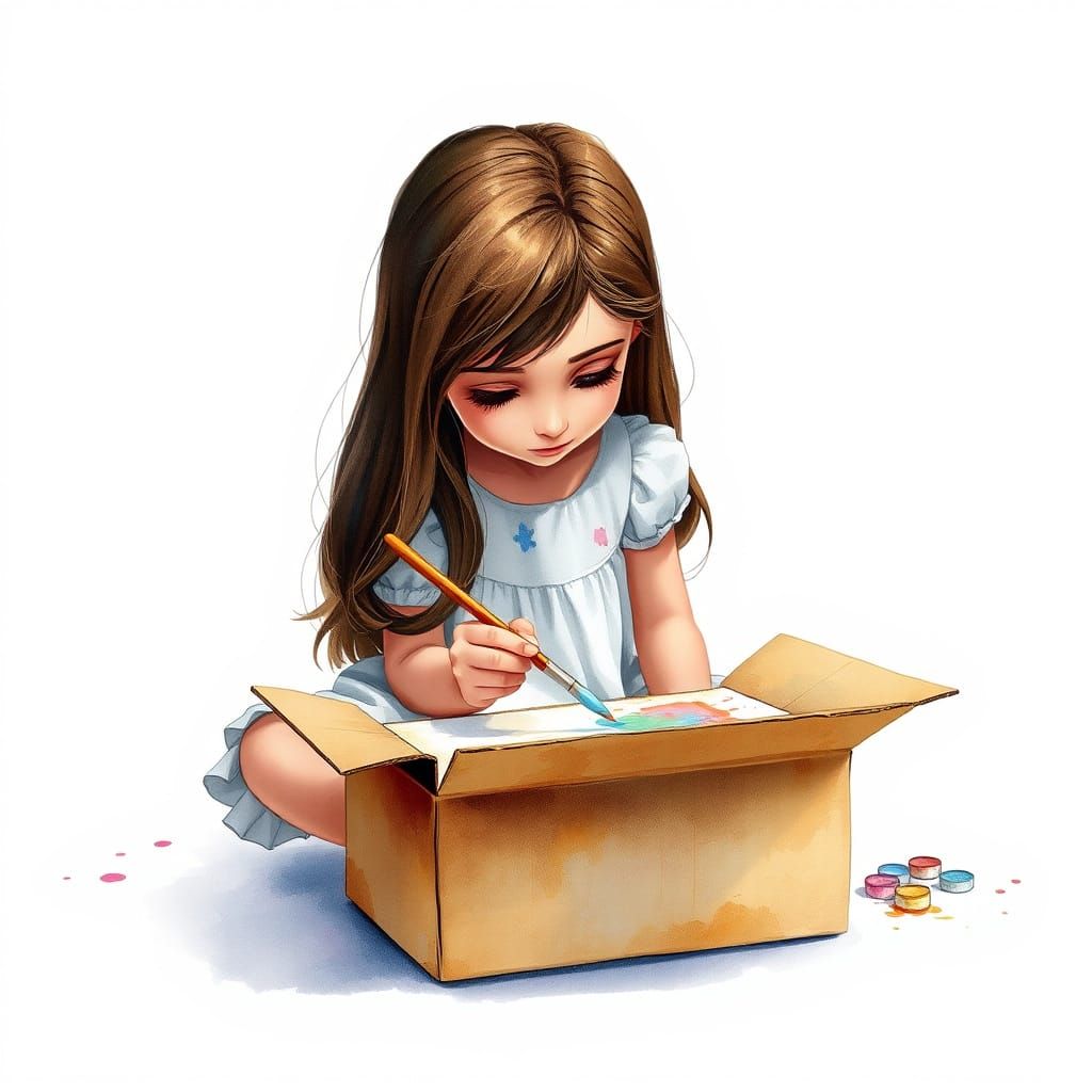 Young Girl Paints Cardboard Canvas with Whimsical Watercolor...