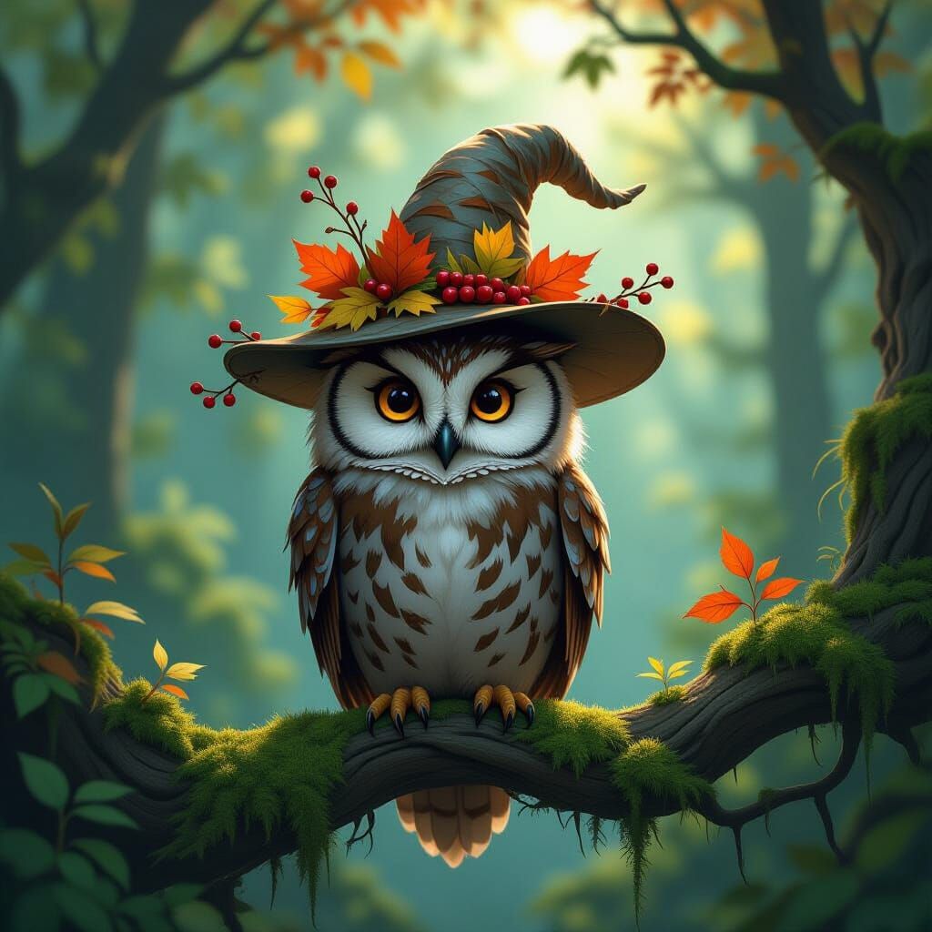 Majestic Owl in Autumn Leaves Hat, Enchanted Forest
