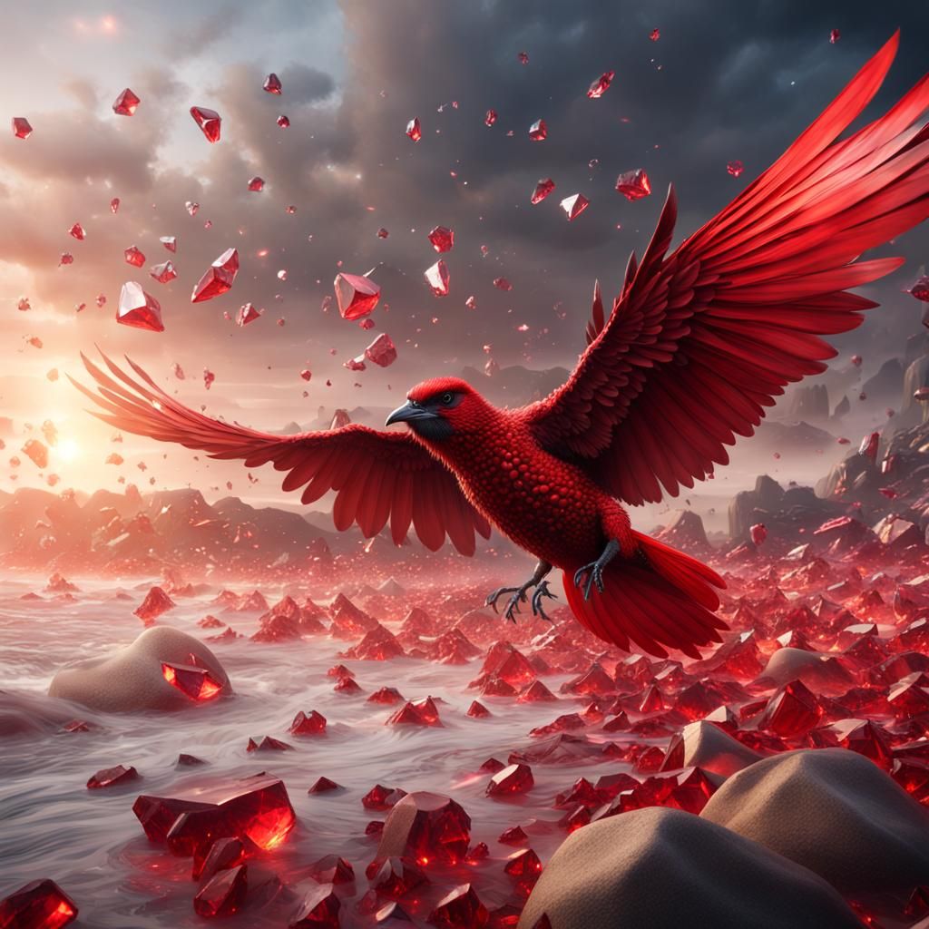 Red Crystal Bird Flies Over Crystal Beach