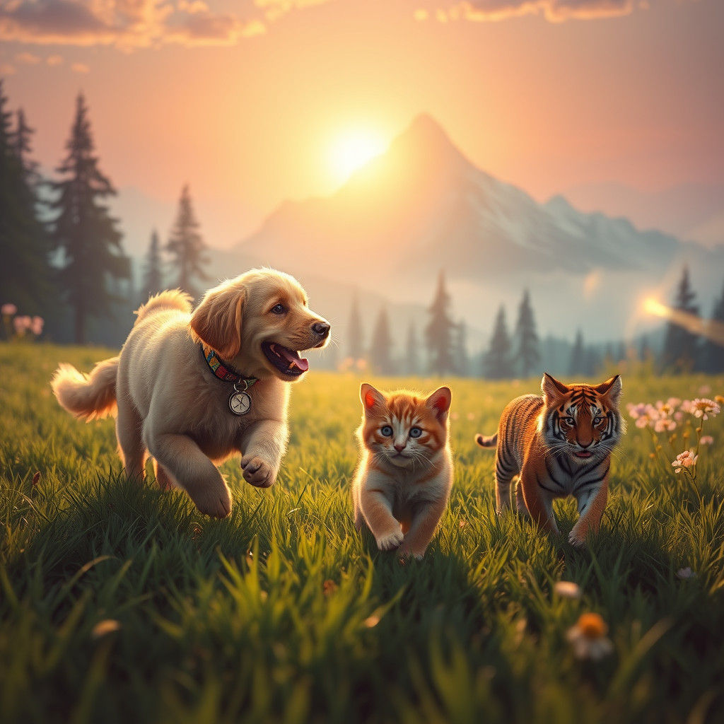 Golden Retriever, Cat, and Tiger Cub Play in Dreamscape