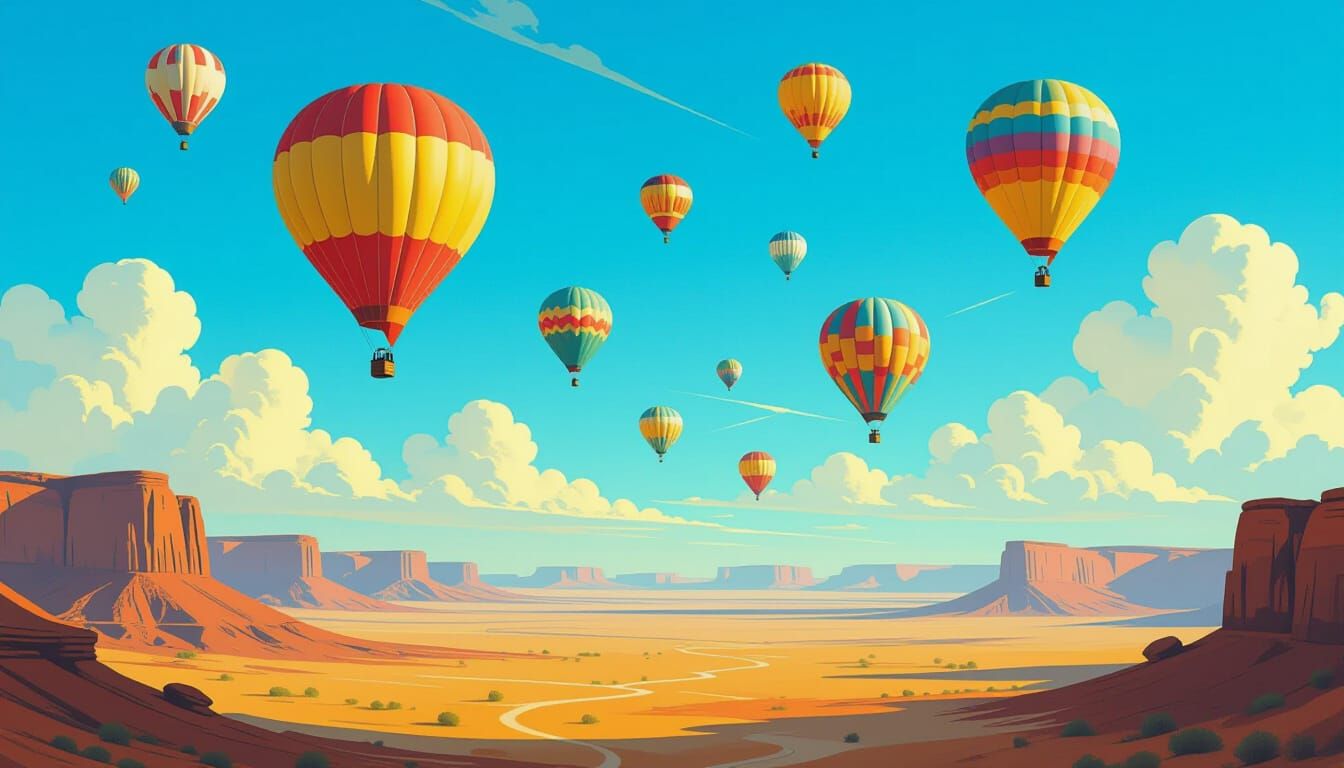 Surreal Hot Air Balloons Over Desert Landscape in Magical Re...