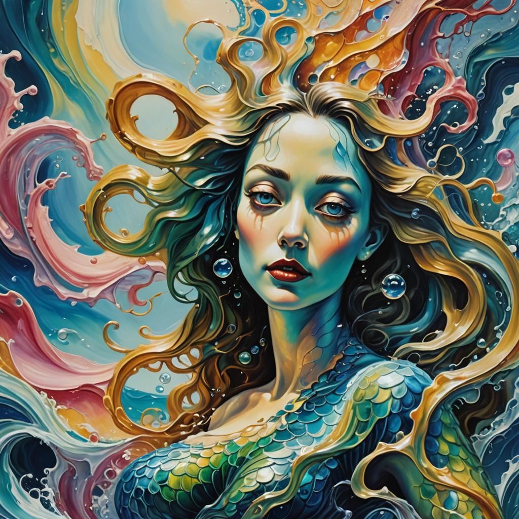 Surreal Alien Mermaid Melts in Dreamlike Oil Painting