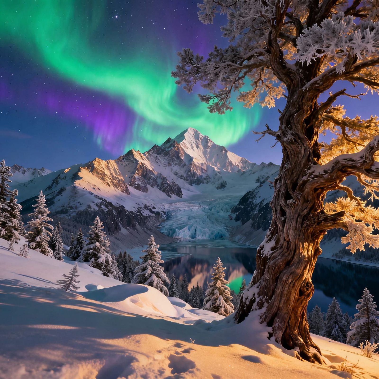 Snowy Mountains Under Aurora Borealis With Ancient Tree