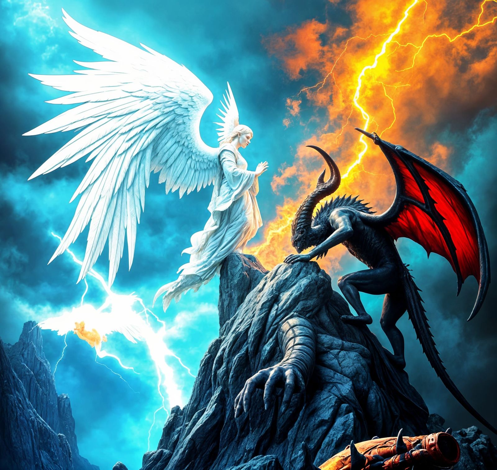 Surreal Angels and Demons Confrontation in Vibrant Colors