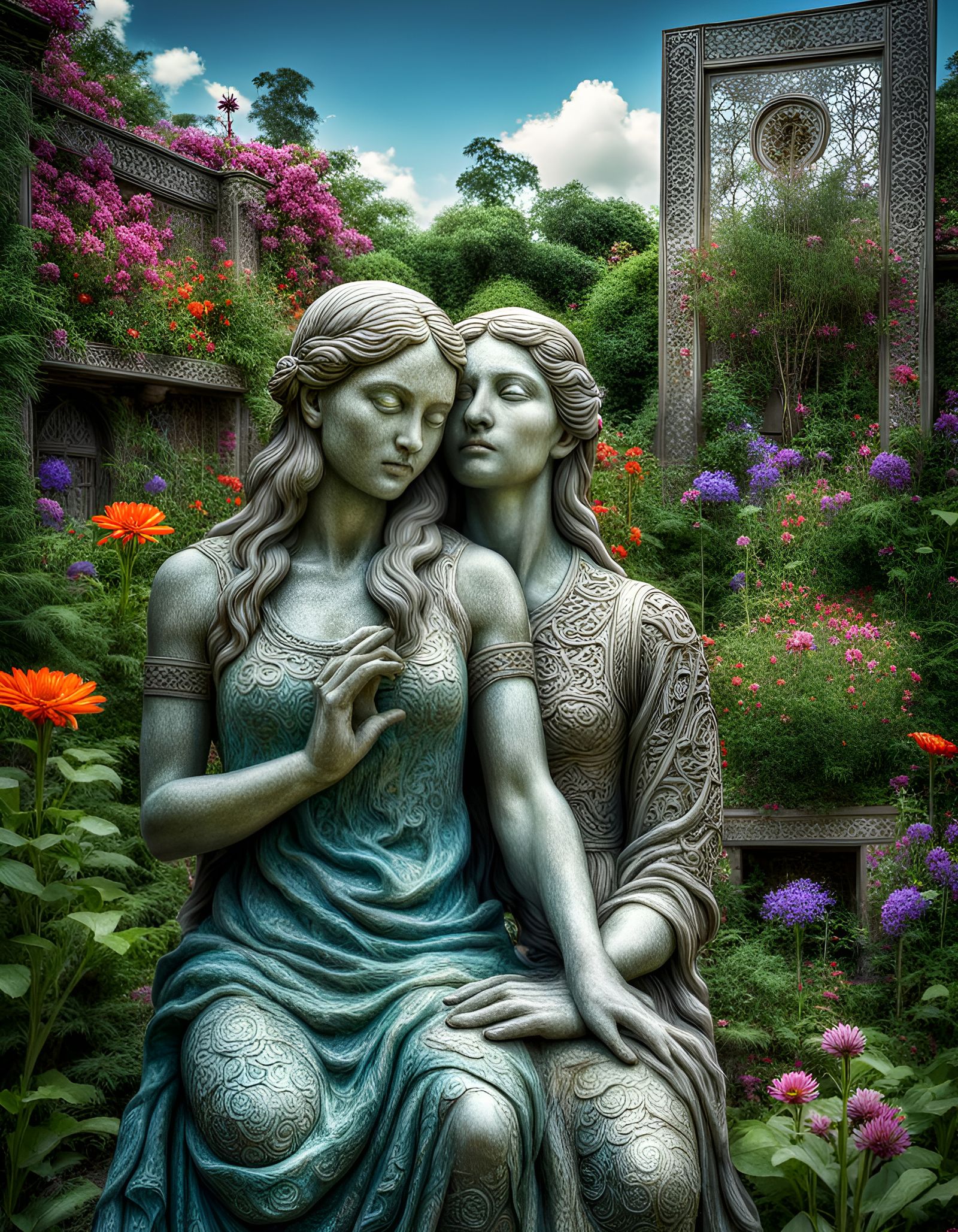 Goddess Blesses Secret Flower Garden: Hyperrealistic HDR Ima...