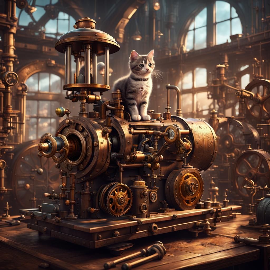 Steampunk Kitten Operates Mechanical Contraption in Workshop