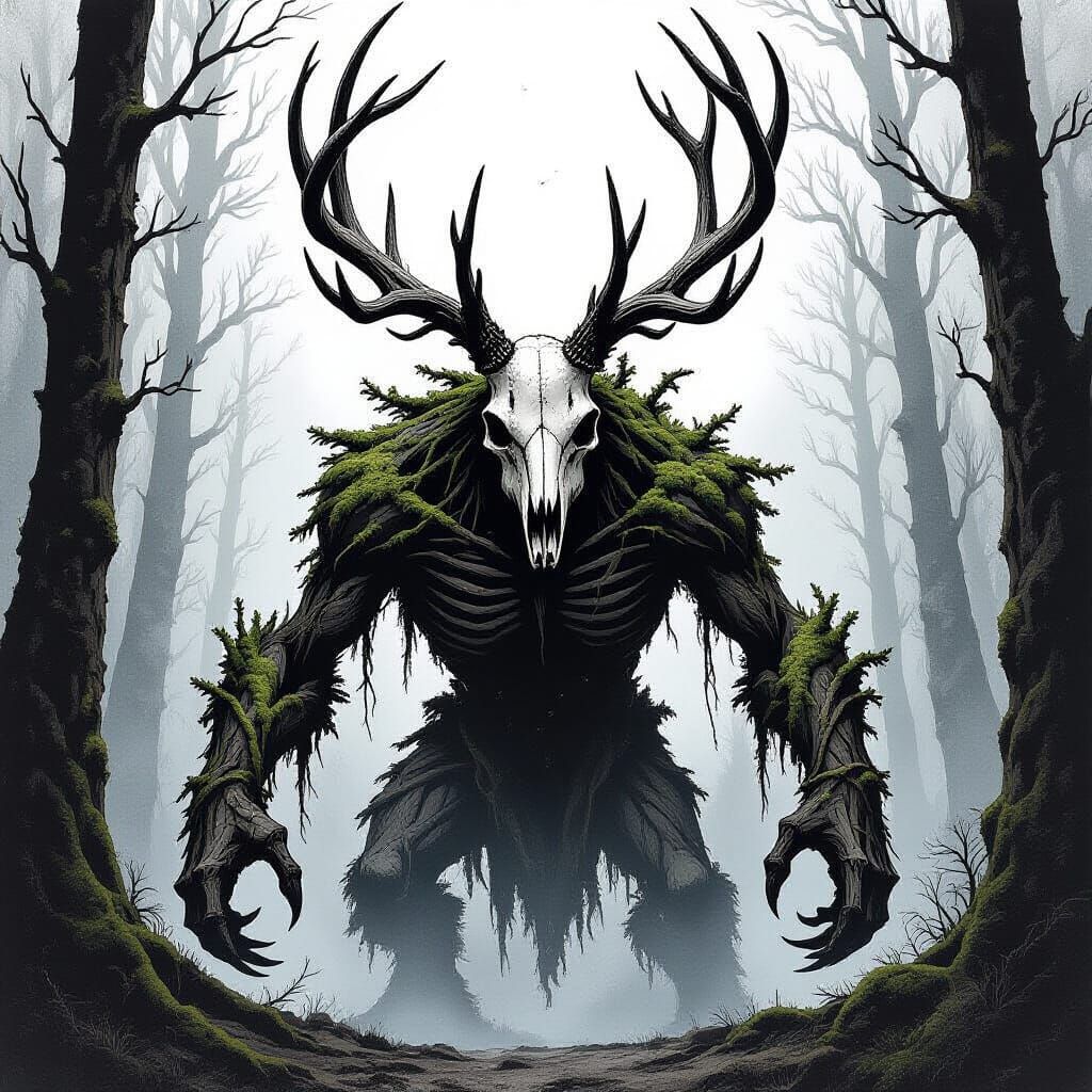 Skeletal Forest Monster Ink Drawing in Gothic Style