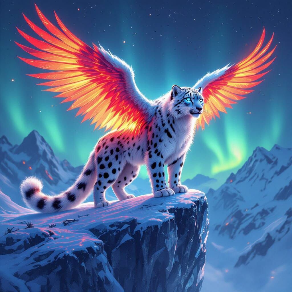 Snow Leopard-Phoenix Hybrid Under Northern Lights