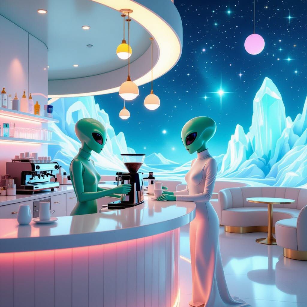 Alien Barista in Ethereal Futuristic Cafe
