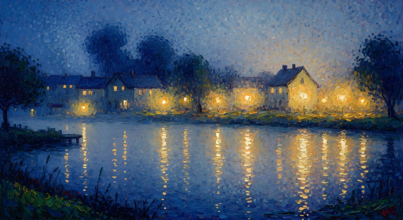 Neo-Impressionist Village Glows Through Night Fog