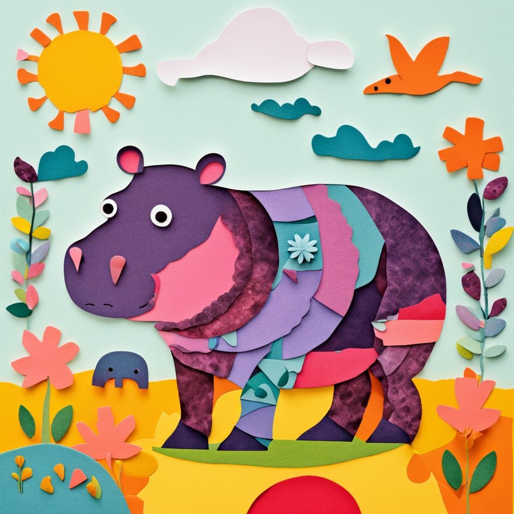 Small Hippopotamus in Naive Art Papier Collage