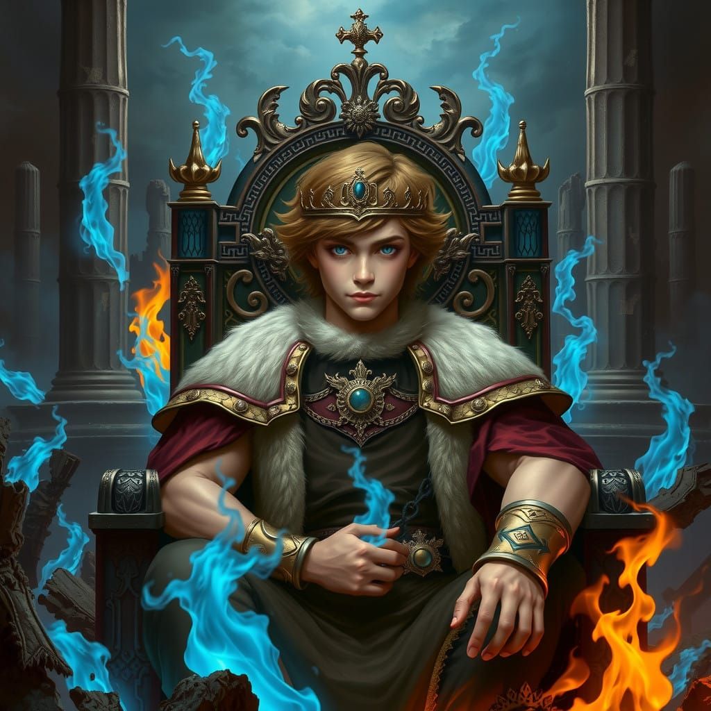 Regal King Surrounded by Hades' Flames in a Fantasy Landscap...