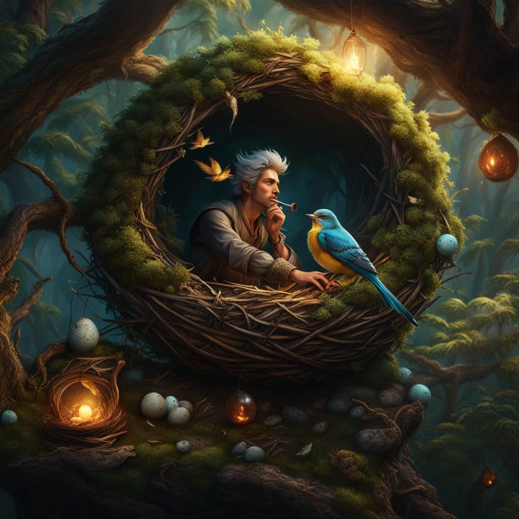 Fairy Relaxing in Bird's Nest, Detailed Matte Painting