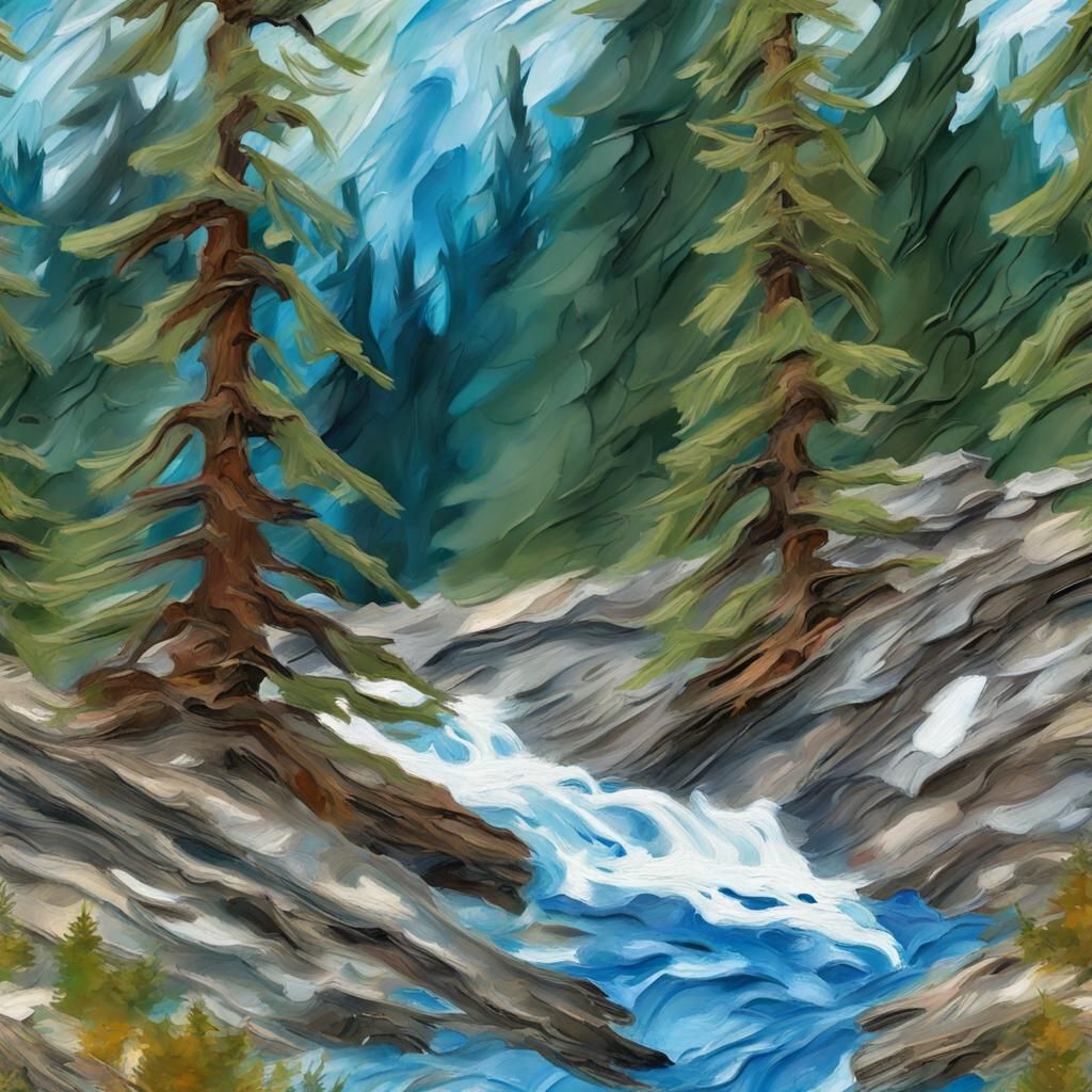 Blue Spruce Forest: Impasto Art of Mountain Stream