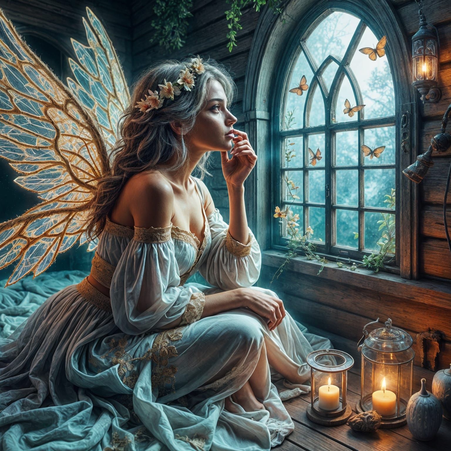 Fallen Angel Gazes Through Ethereal Window