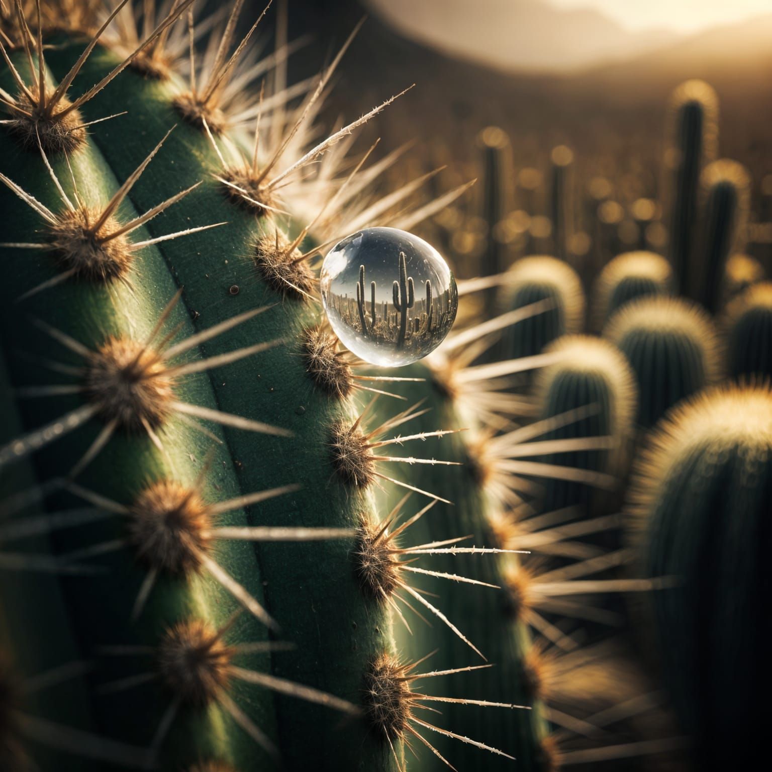 Raindrop Magnifies Desert Landscape on Saguaro Spine