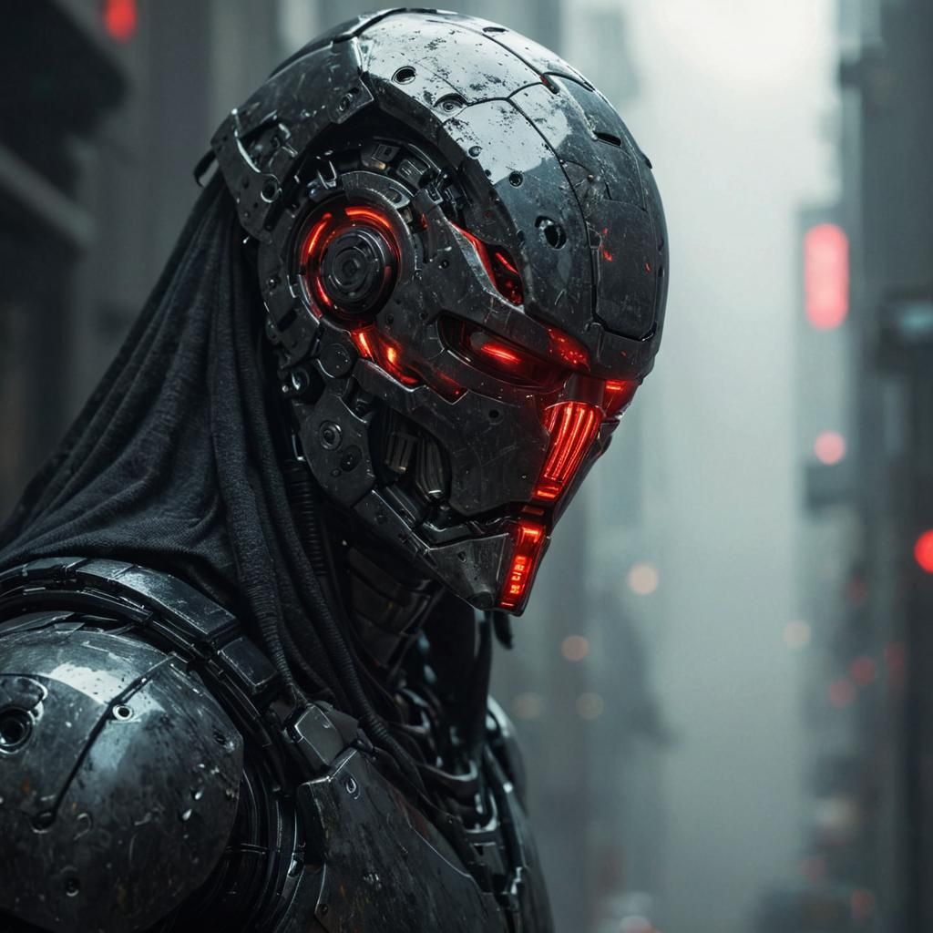 High-Tech Robotic Guardian with Glowing Red Visor