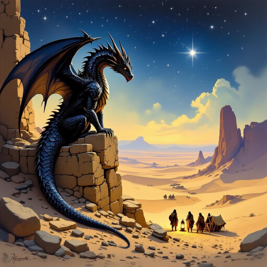 Obsidian Dragon on Ruin Overlooking Starlit Desert, Oil Pain...