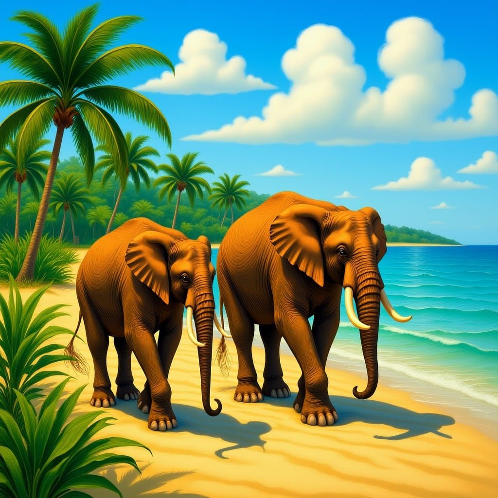 Elephants on Tropical Island in Gauguin-Rousseau Style