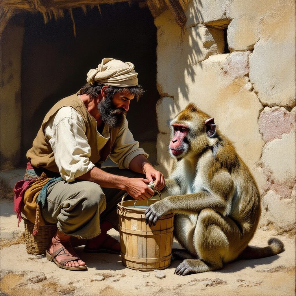 Renaissance Oil Painting of Peasant Milking Baboon