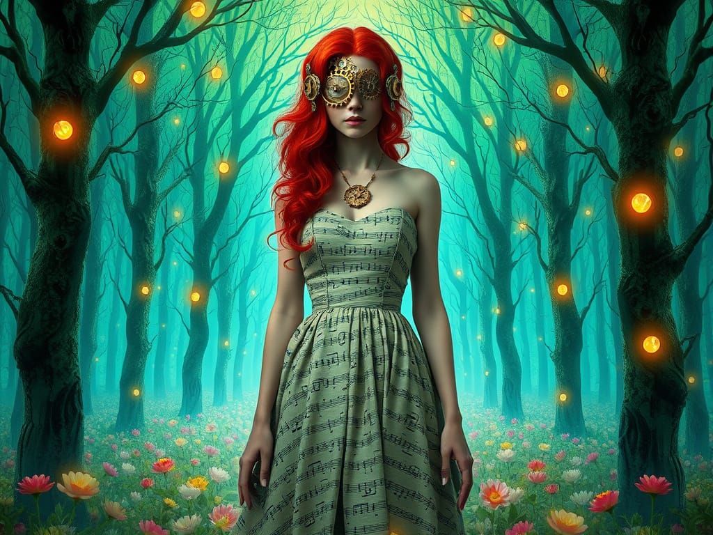 Surreal Portrait of Red-Headed Woman in Bioluminescent Fores...