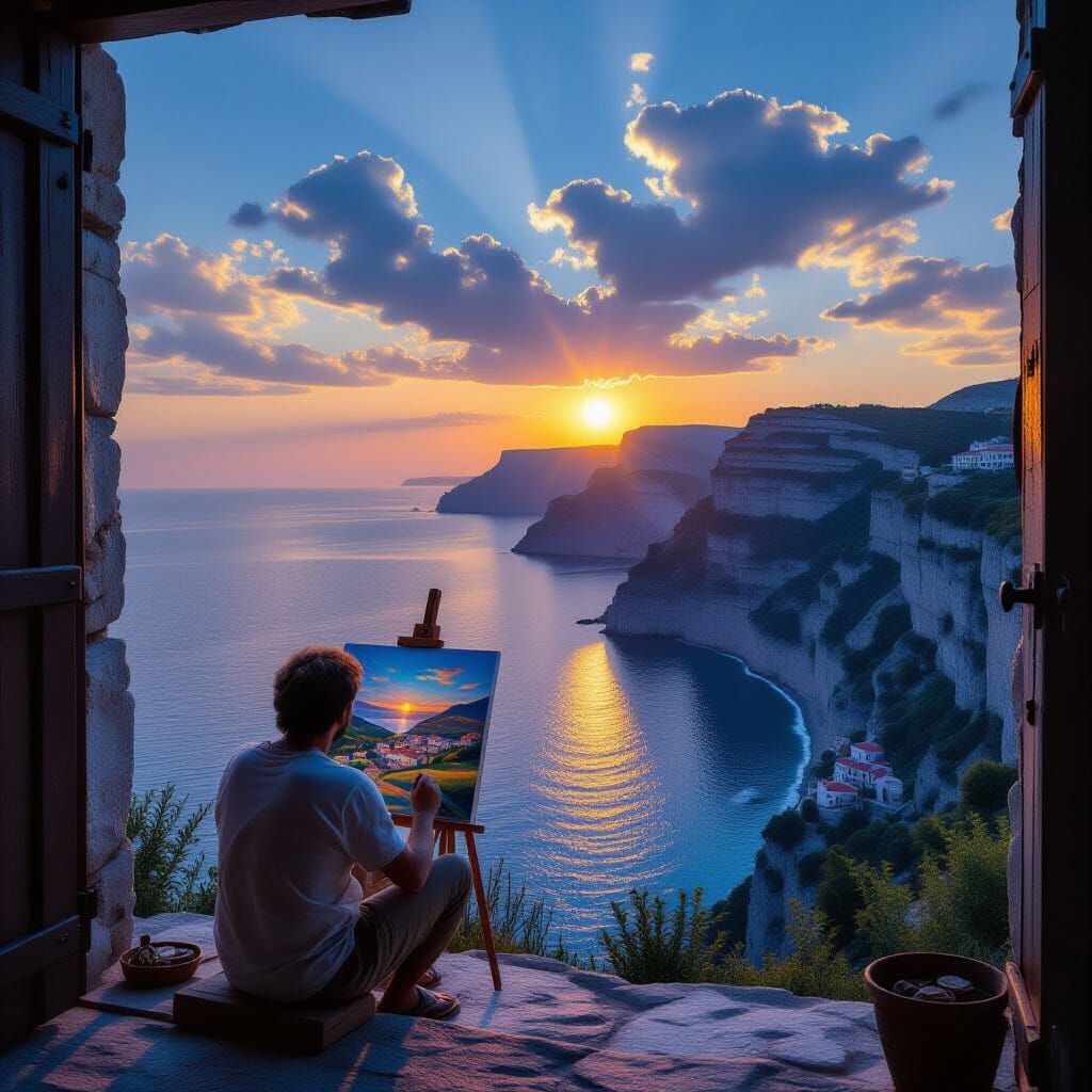 Painter Captures Sea Village View on Canvas