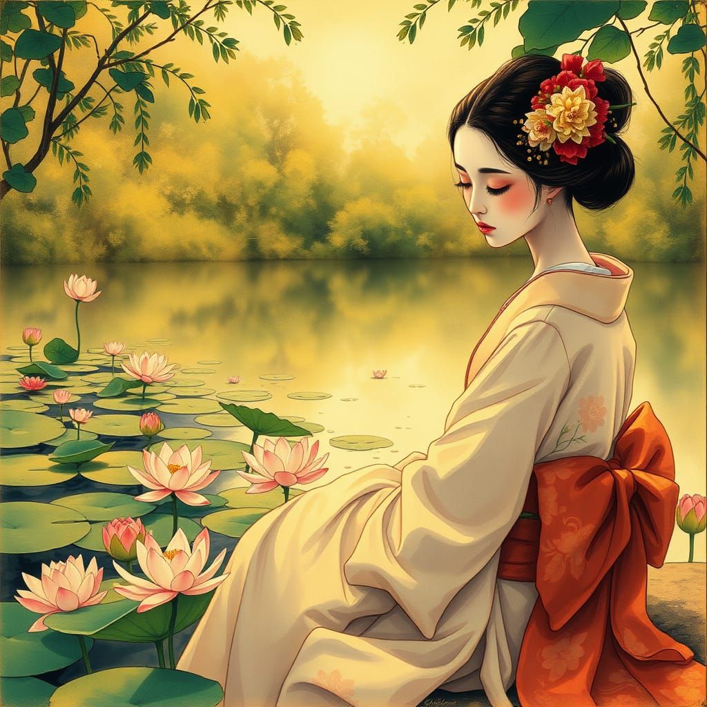 Contemplative Geisha by Serene Lotus Pond