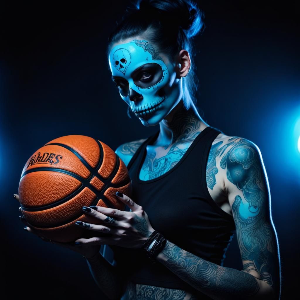 Sensual Gothic Woman Plays Basketball with Skull