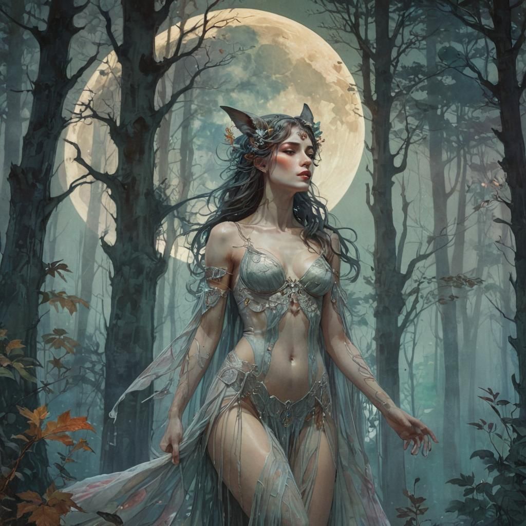 Werewolf Stalks Moon Maiden: Watercolor Art Nouveau