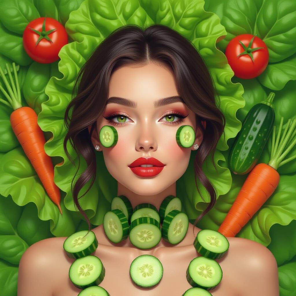 Cucumber Woman in Vegetable Garden: Hyperrealistic Digital A...