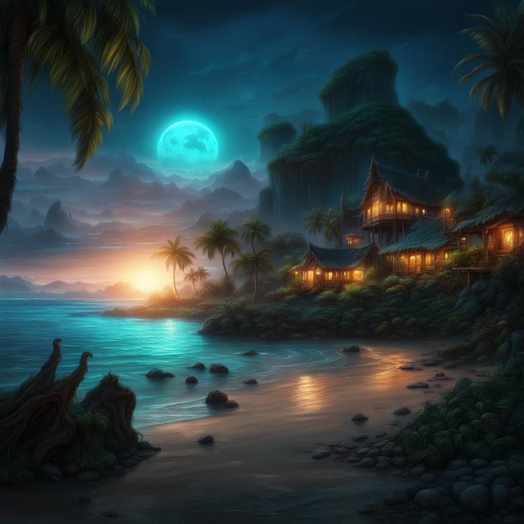 Bioluminescent Shore Meets Tropical Village in Digital Art