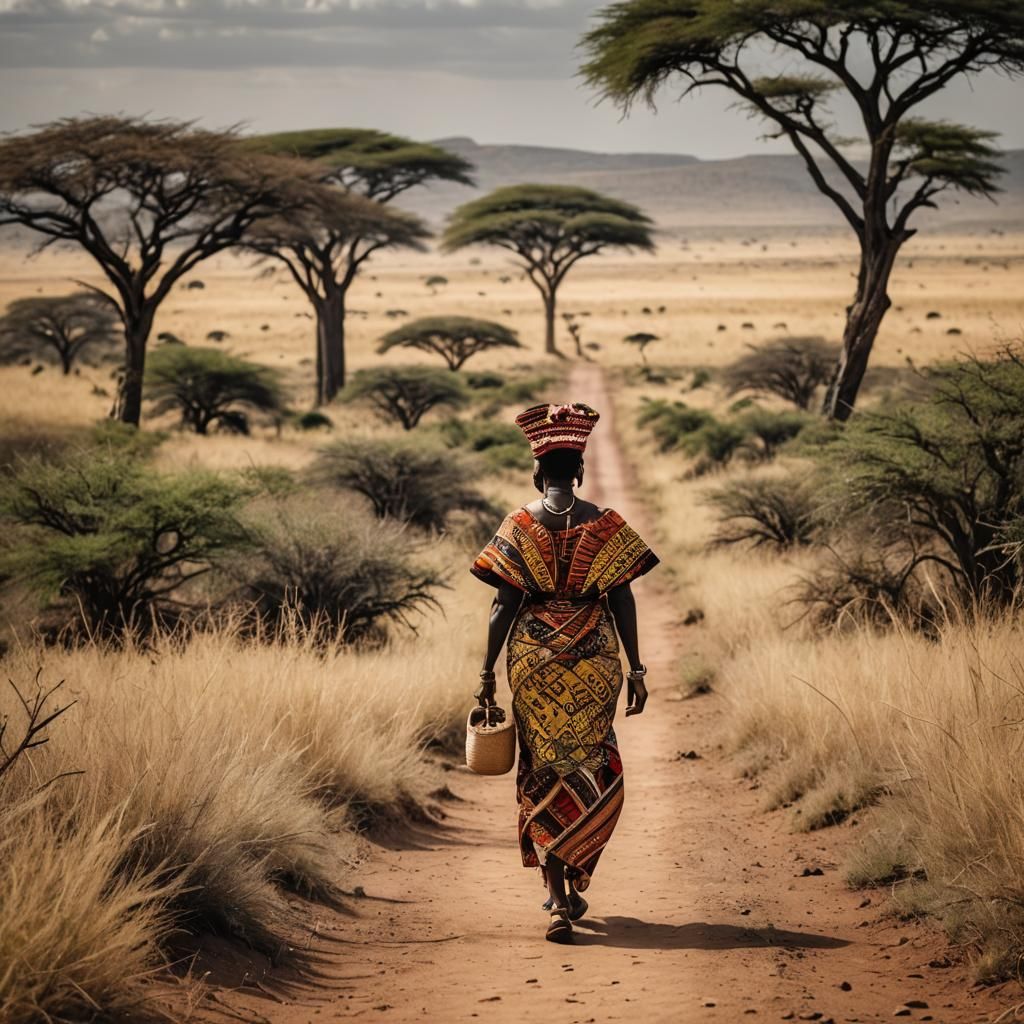 African Woman's Journey Through the Savanna