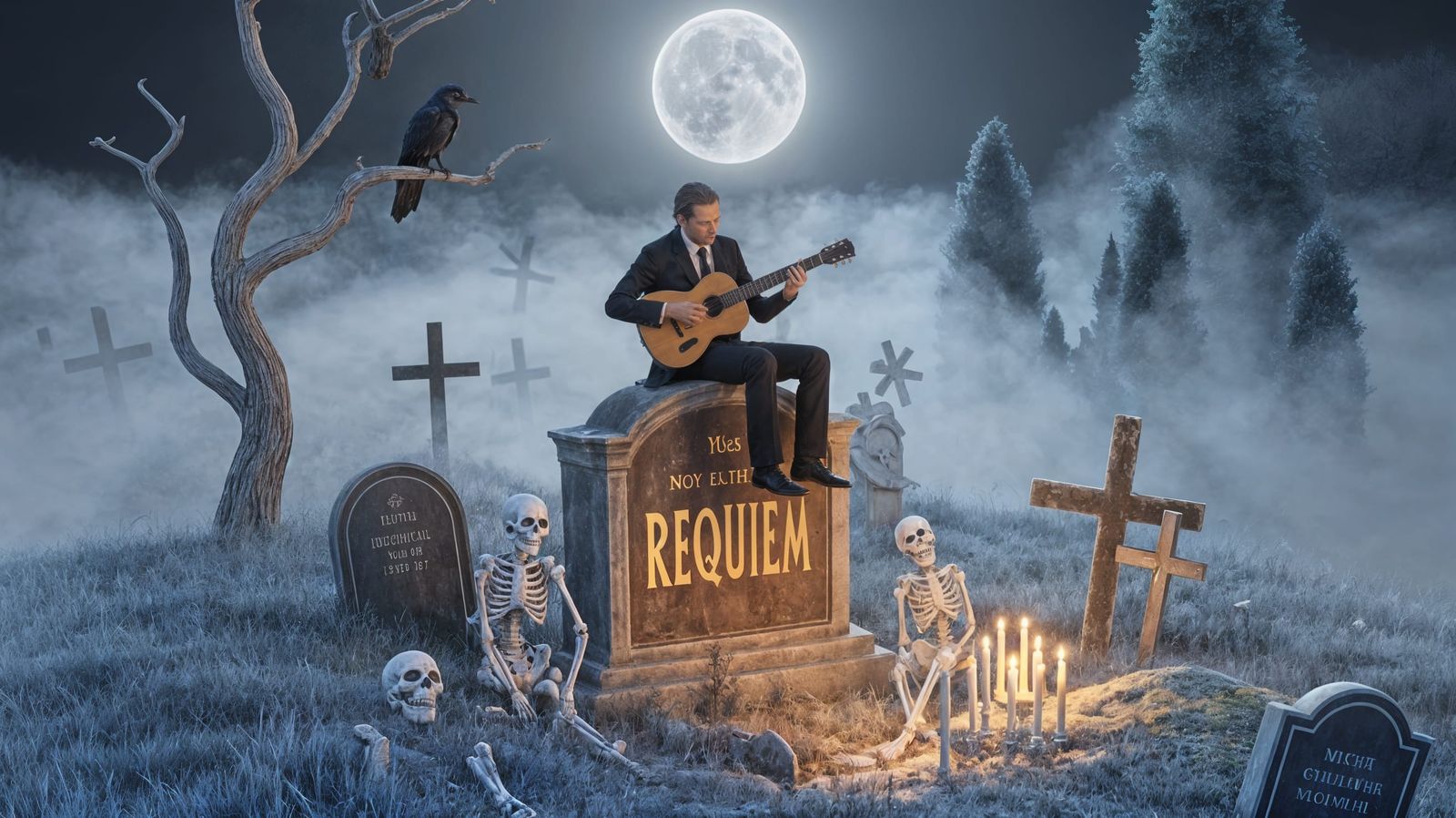 Melancholic Blues Guitarist in Graveyard, Surreal 3D Scene