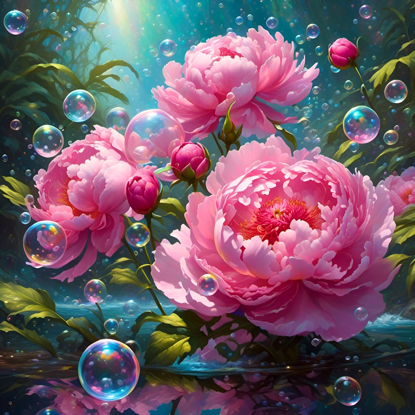 Pink Peonies and Bubbles in a Stream