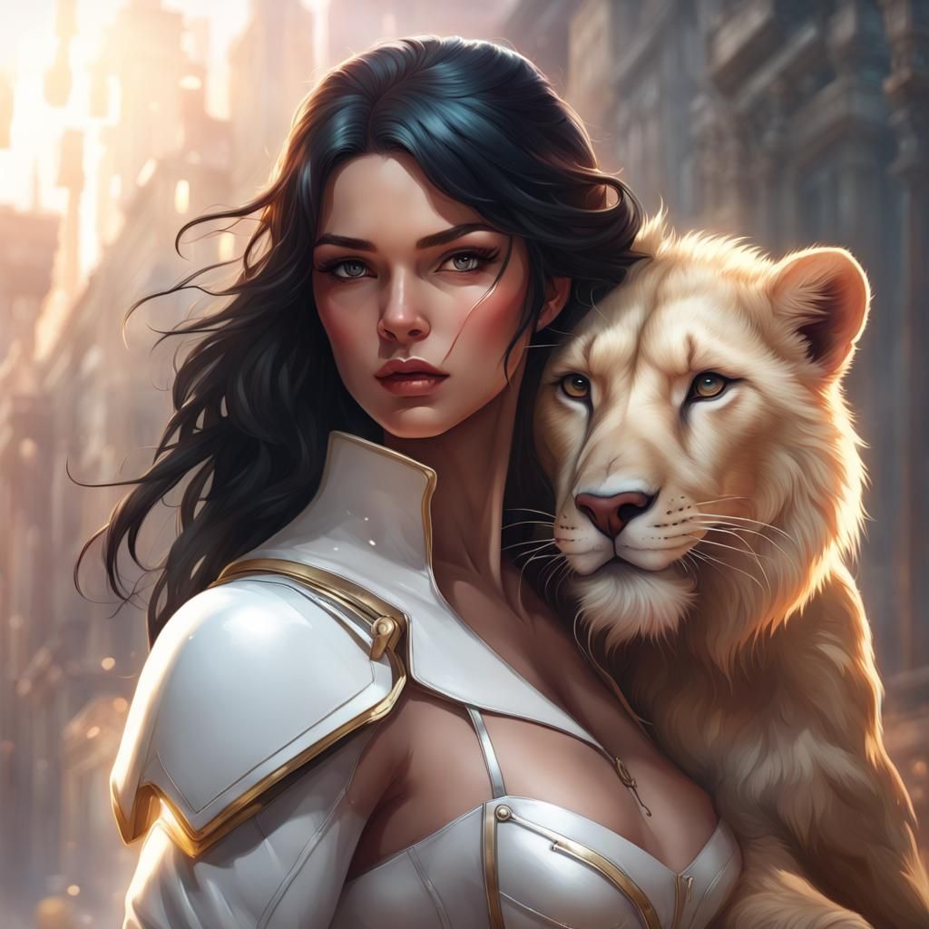 Superheroine and Lion Cub Portrait in Hyperdetailed Style