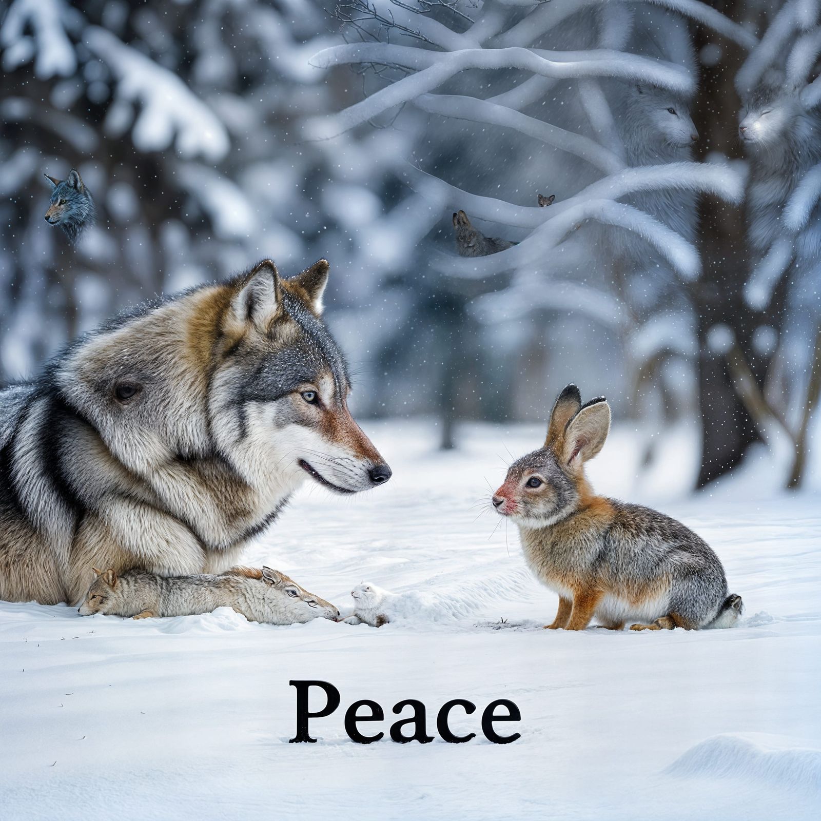 Winter Peace: Wolf and Rabbit Encounter