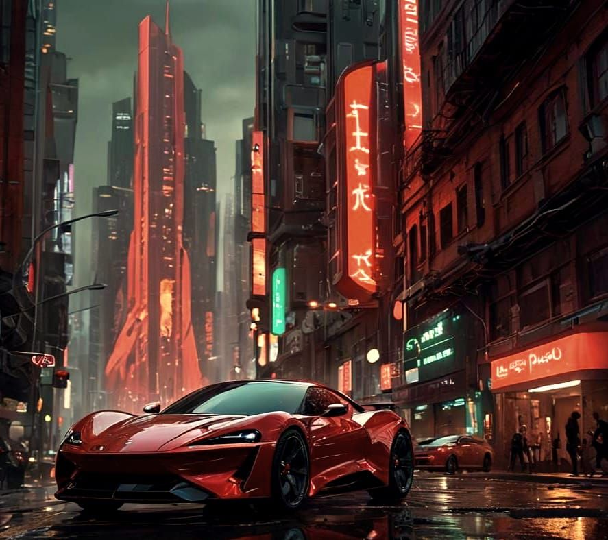 Futuristic Red Sports Car in Sci-Fi City