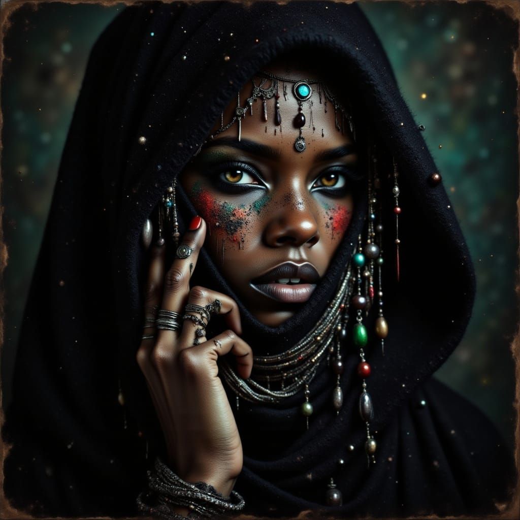 Serene African Woman with Ornate Glitter Face