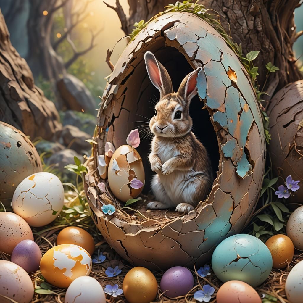 Whimsical Bunny Hatching in Pastel Fantasy Art