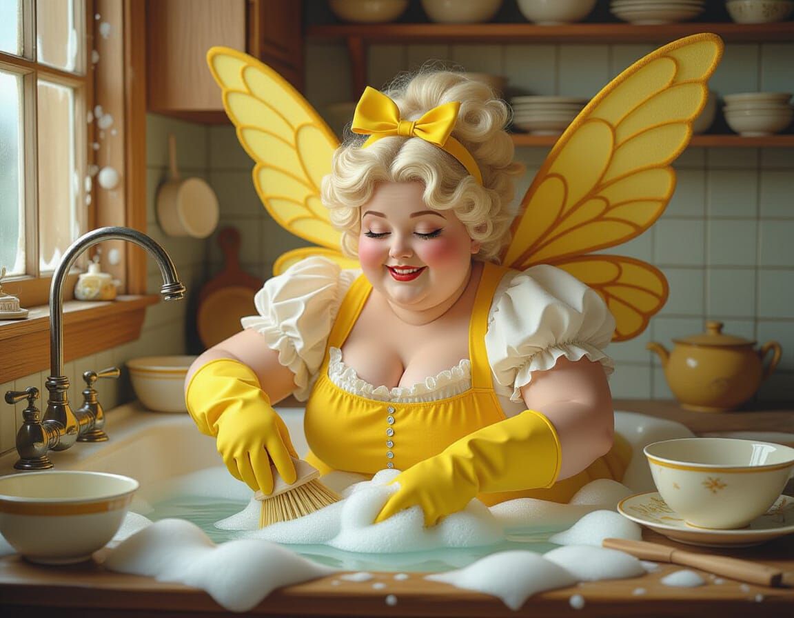 Washing Up Fairy in Foamy Sink, Photorealistic Digital Art