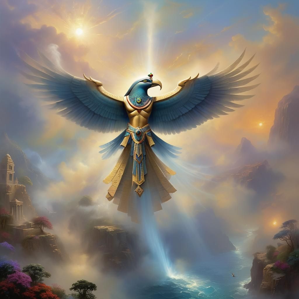 Ethereal Horus in Flight Above Majestic Ancient Landscapes
